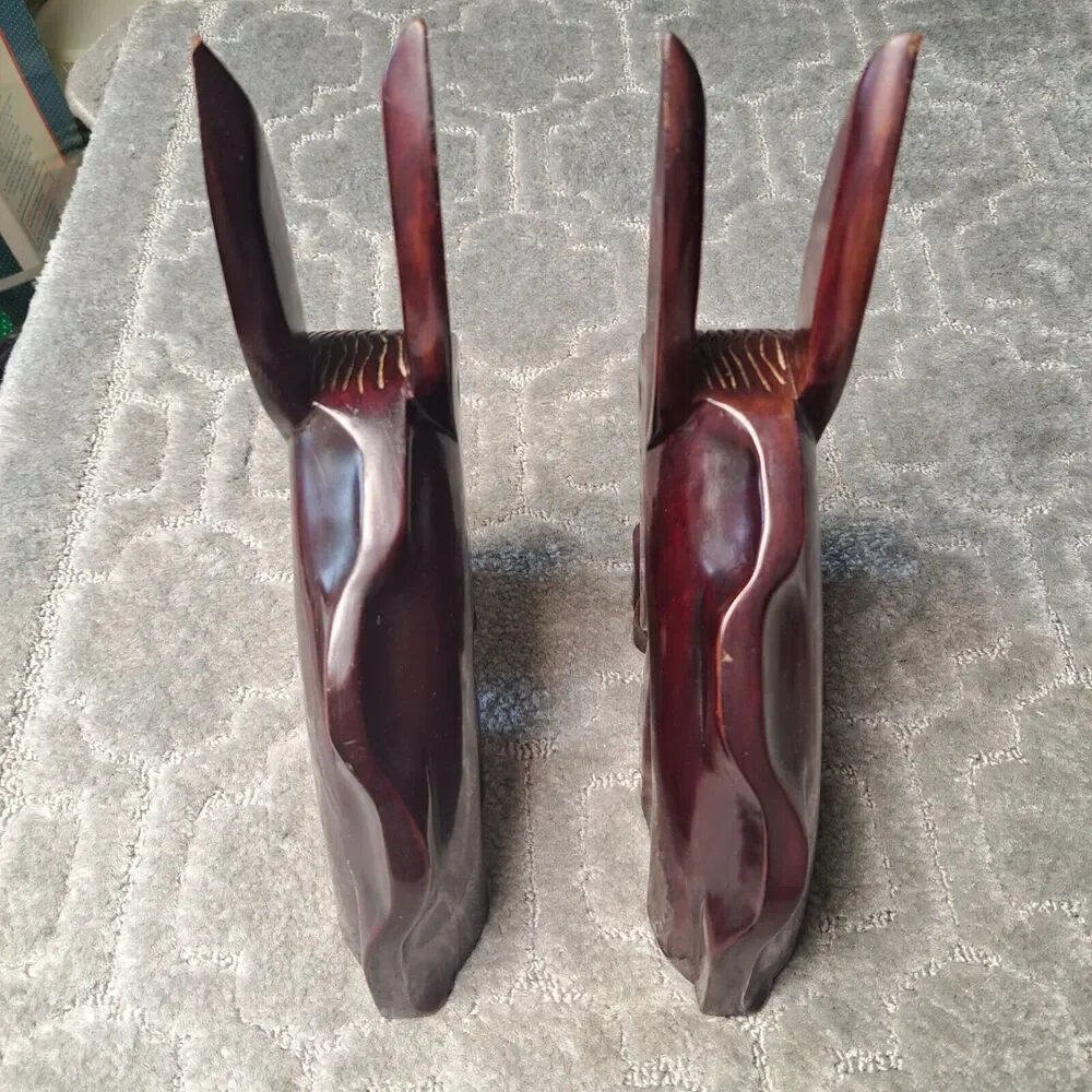 VINTAGE Hand Carved PRIMITIVE Wood Horse Head Book Ends MCM Equestrian Decor